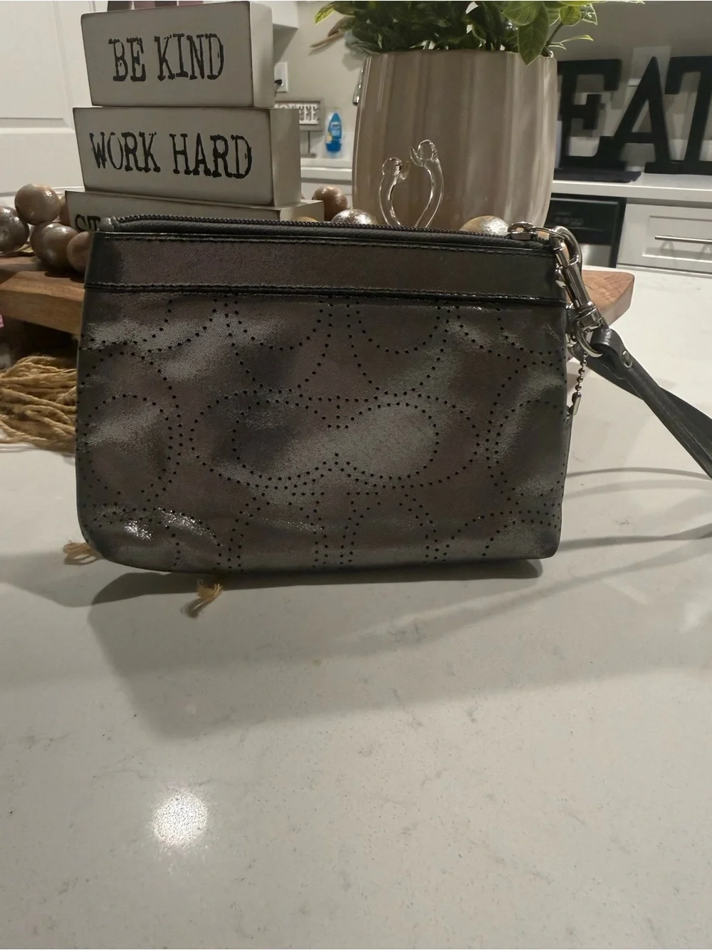 Coach Metallic Pewter Perforated Wristlet